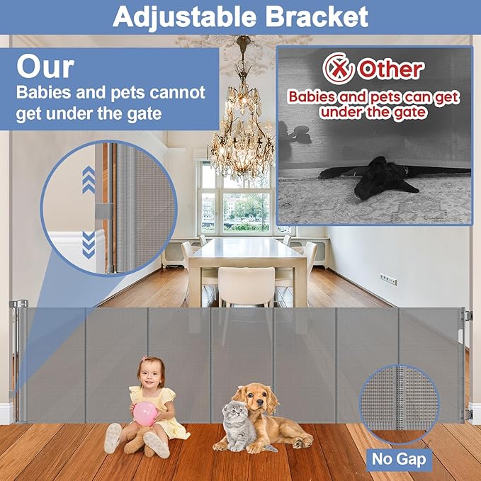 Reinforced 200 Inch Retractable Baby Gate Extra Long Baby Gates for Large Openings Bottom Anti-Crawl 16.7 Ft Outdoor Dog Gates for Doorways Extra Wide Pet Gate Indoor Large Dog Gate Indoor, Gray