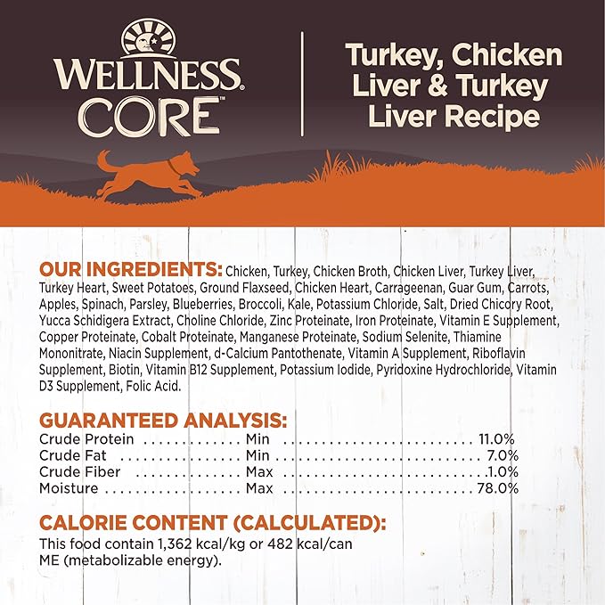 Wellness CORE Natural Wet Grain Free Canned Dog Food, Turkey & Chicken, 12.5-Ounce Can (Pack of 12)
