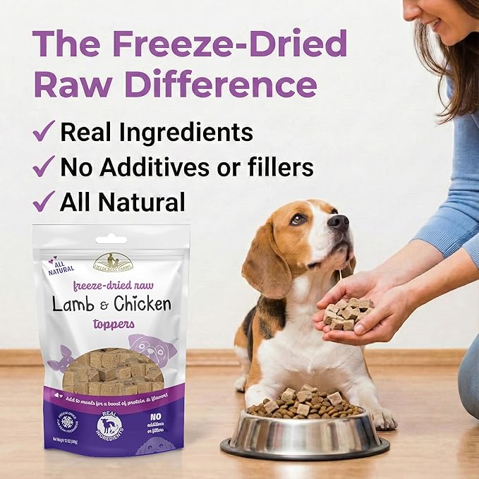 Fieldcrest Farms Lamb & Chicken Toppers – Freeze-Dried All-Natural Dog Food Topper or Treat, High Protein, Minimal Ingredients, Grain-Free, 12 oz.