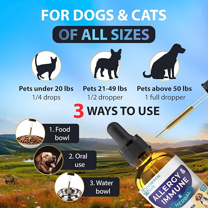 Allergy Relief Drops for Dogs & Cats, Natural Anti-Itch Support Supplement, Soothes Seasonal Allergies, Skin Irritation & Boosts Pet Wellness, Gentle Herbal Formula for All Breeds & Ages