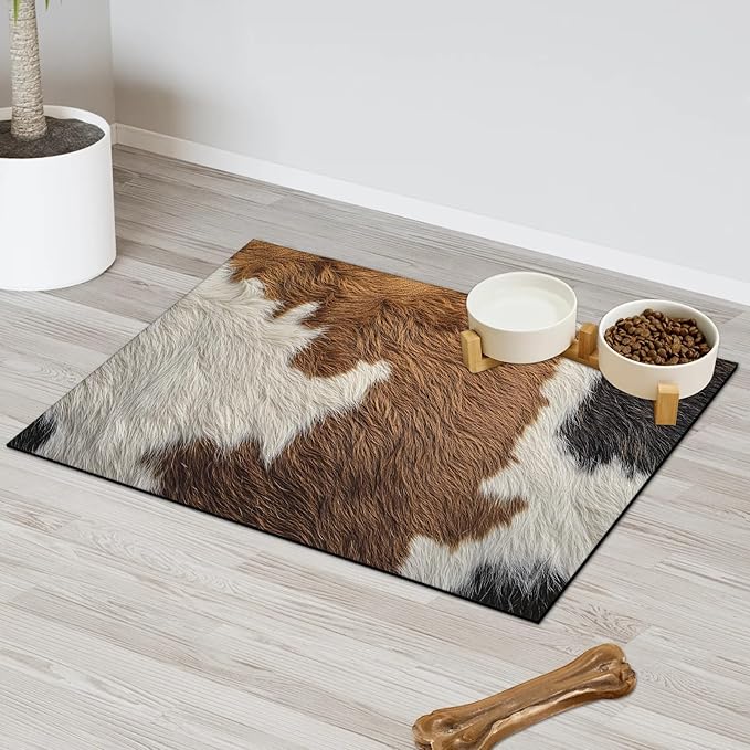 Cow Print Dog Food Mat for Floors Absorbent Dog Bowl Mat for Food and Water Dispenser Quick Dry Cat Food Placemat Pet Supplies 24" x 32", Brown Skin