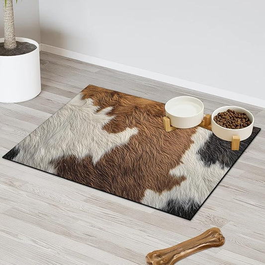 Cow Print Dog Food Mat for Floors Absorbent Dog Bowl Mat for Food and Water Dispenser Quick Dry Cat Food Placemat Pet Supplies 17" x 30", Brown Skin