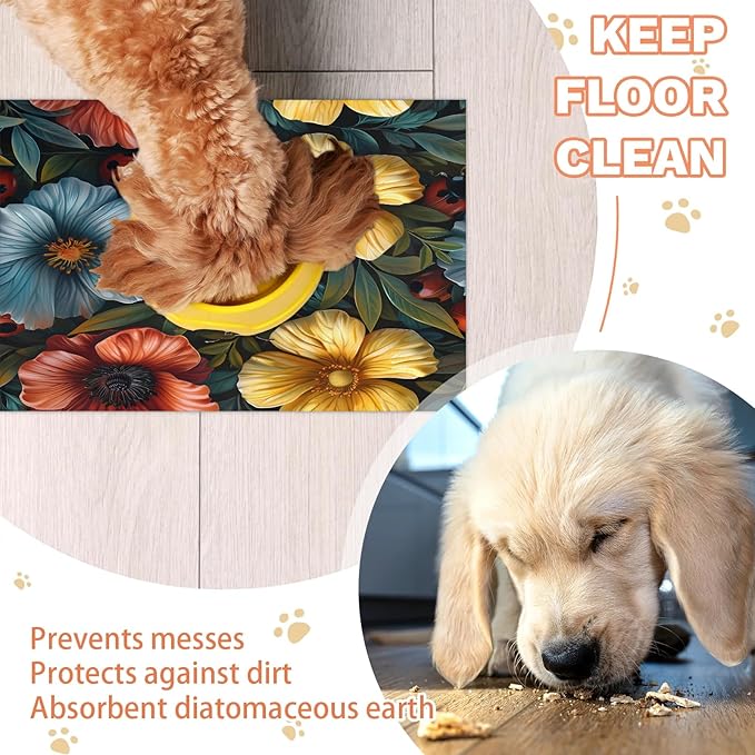 Ladybird Dog Food Mat for Floors Absorbent, Quick Dry Water Dispenser Mat for Food, Water, Pet Supplies 16" x 24", Spring Flower