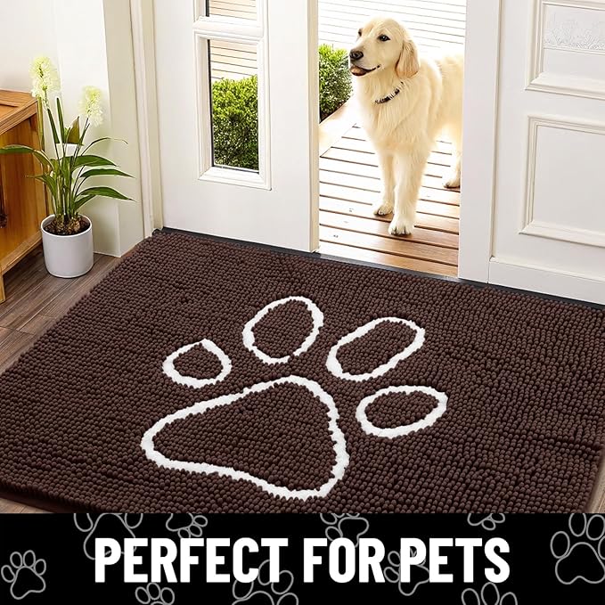 Smiry Dog Door Mat for Muddy Paws, Absorbent Dirt Trapper Non Slip Quick Dry Washable Chenille Mat for Mud Dogs, Entry Rug for Indoor and Outdoor (70x32 Inches, Brown and White)