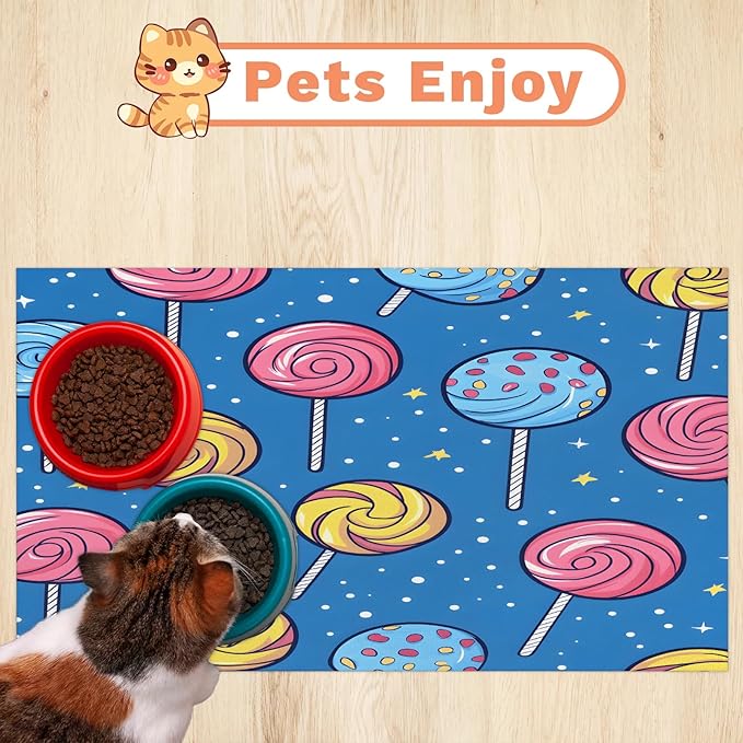 Candy Lollipop Dog Food Mat for Floors Absorbent Dog Bowl Mat for Food and Water Dispenser Quick Dry Cat Food Placemat Pet Supplies 17" x 30",