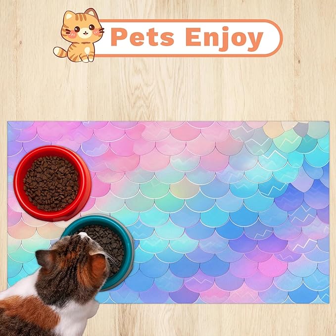 Mermaid Scales Dog Food Mat for Floors Absorbent Dog Bowl Mat for Food and Water Dispenser Quick Dry Cat Food Placemat Pet Supplies 16" x 24", Pink Blue Ocean