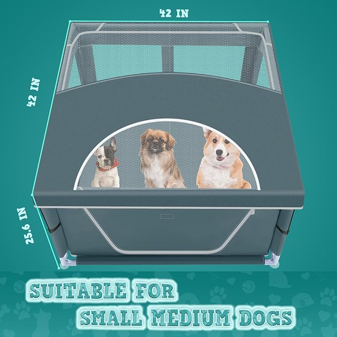 42x42 Inch Puppy Playpen with Cover, Dog Playpen for Puppies or Small Dogs, Pet Playpen for Indoor & Outdoor, Sturdy DogPen with Thickened Fabric, High-Strength Nylon Wire Mesh, Bluish Green