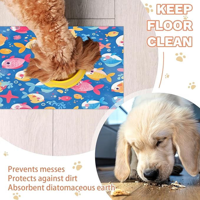 Cute Fish Dog Food Mat for Floors Absorbent Dog Bowl Mat for Food and Water Dispenser Quick Dry Cat Food Placemat Pet Supplies 16" x 24", Ocean