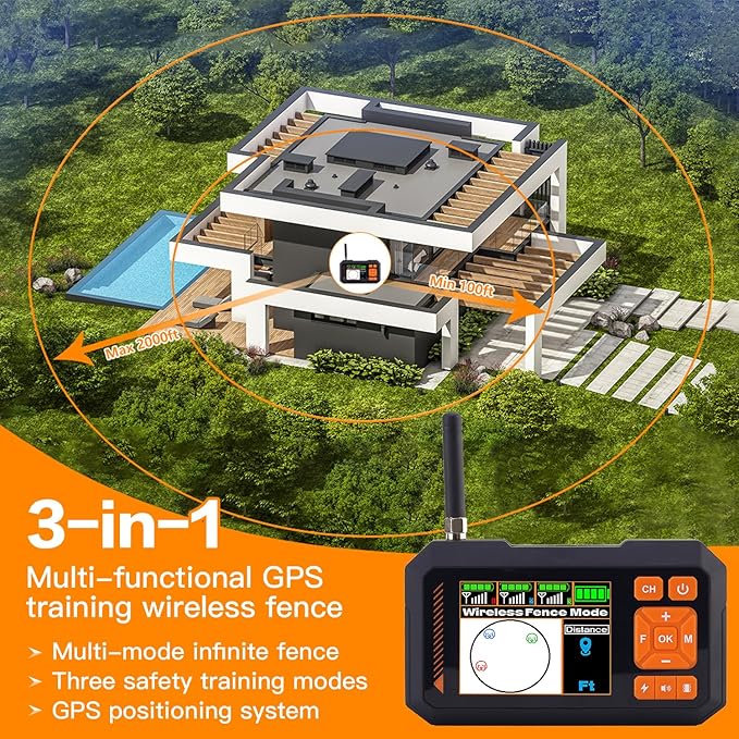 pet Electric Fence,Dog Wireless Electric Fence System,GPS Smart Remote Training Collar Function 2000ft Adjustable Range Waterproof Rechargeable Batteries （Cats Cannot use it.）