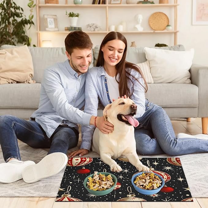 Xmas Balls Dog Food Mat for Floors Absorbent, Quick Dry Water Dispenser Mat for Food, Water, Pet Supplies 17" x 30", Christmas