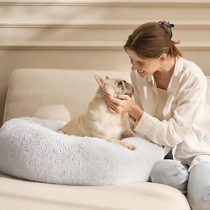 Bedsure Calming Dog Bed for Large Dogs - Donut Washable Large Pet Bed, 36 inches Anti-Slip Round Fluffy Plush Faux Fur Dog Bed, Fits up to 80 lbs Pets, Frost Grey