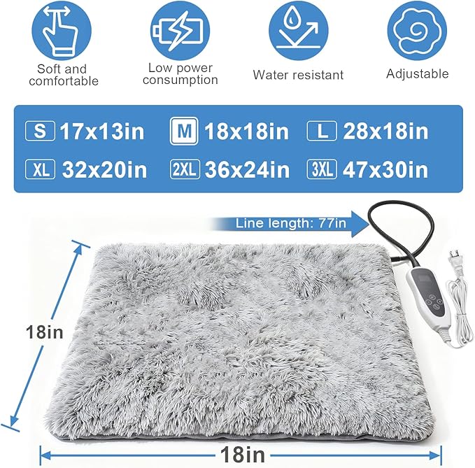 Cat Heating Pad 19x18 in with Smart Thermostat Switch and Power Line Protection Tube,Obtained MET and UL Dual Certification,Waterproof Pet Heating Pad for Cats, Long Velvet Cloth Cover