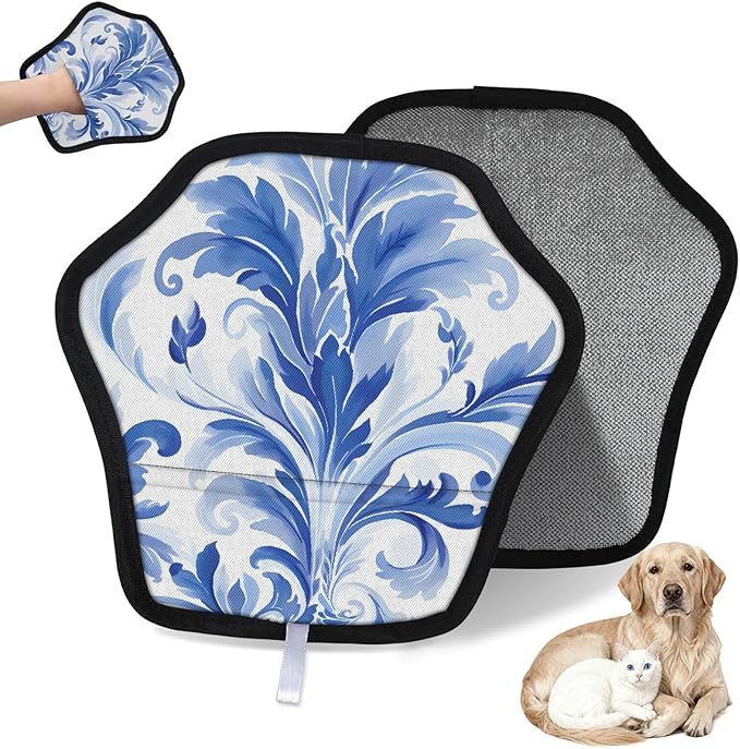 Blue Floral Style Electrostatic Pet Hair Removal Glove for Cats & Dogs - Reusable Grooming Mitt for Couch, Carpet, Car Seat & Laundry - Large 9x9 Inch