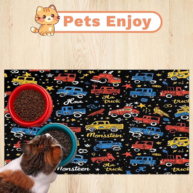 Cool Car Dog Food Mat for Floors Absorbent, Quick Dry Water Dispenser Mat for Food, Water, Pet Supplies 24" x 32", Cute Car