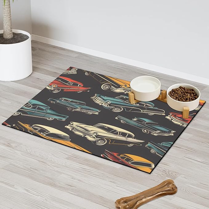 Colorful Racing Car Dog Food Mat for Floors Absorbent, Quick Dry Water Dispenser Mat for Food, Water, Pet Supplies 17" x 30", Vintage Car