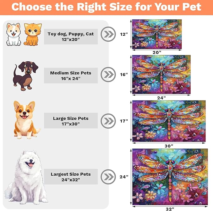 Watercolor Dragonfly Dog Food Mat for Floors Absorbent, Quick Dry Water Dispenser Mat for Food, Water, Pet Supplies 12" x 20", Floral