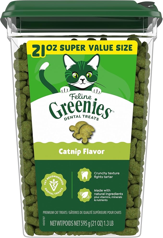 Greenies Cat Treats, Feline Veterinarian-Recommended Adult Natural Dental Treats, Catnip Flavor, 21 oz. Tub