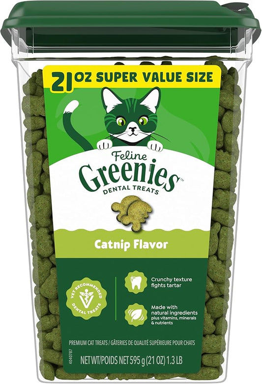 Greenies Cat Treats, Feline Veterinarian-Recommended Adult Natural Dental Treats, Catnip Flavor, 21 oz. Tub