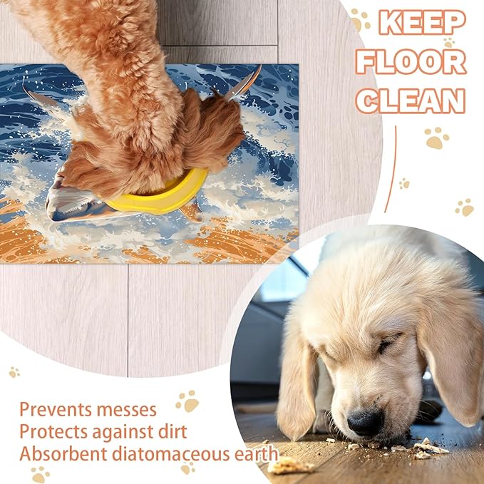 Ocean Shark Dog Food Mat for Floors Absorbent Dog Bowl Mat for Food and Water Dispenser Quick Dry Cat Food Placemat Pet Supplies 24" x 32", Coastal Nautical