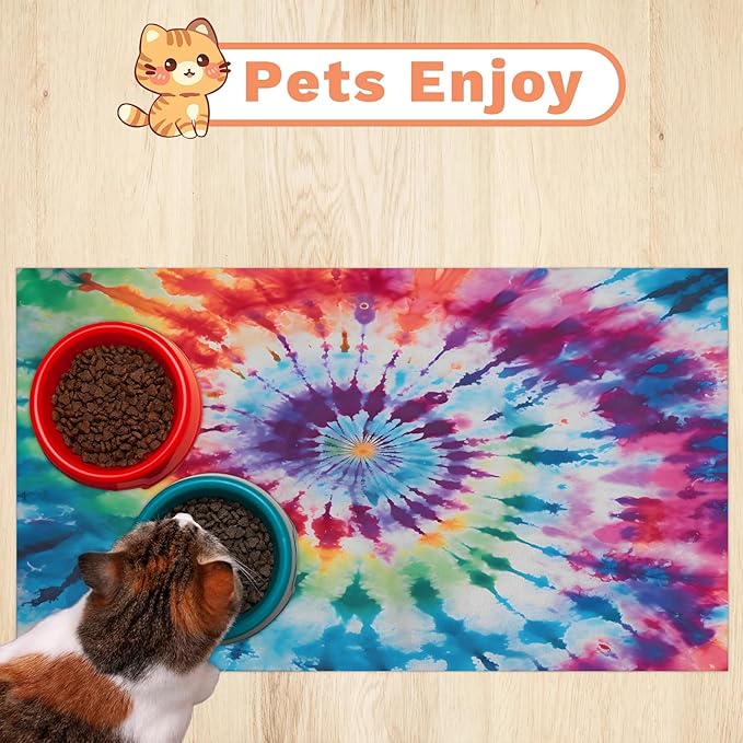 Colorful Tie Dye Dog Food Mat for Floors Absorbent, Quick Dry Water Dispenser Mat for Food, Water, Pet Supplies 24" x 32", Boho Rainbow