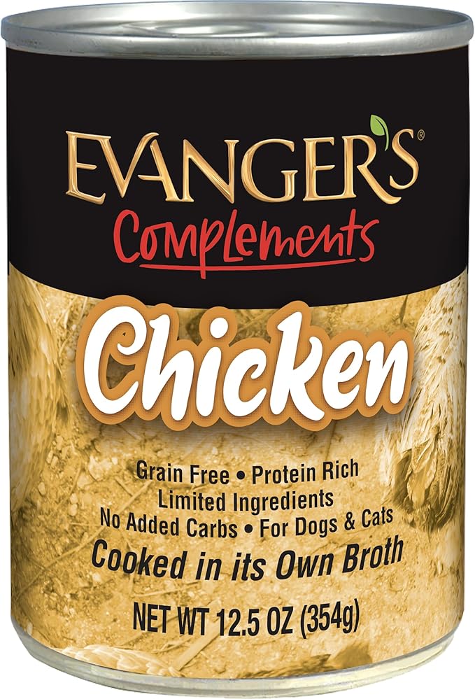 Evanger's Complements Grain Free Chicken for Dogs & Cats – 12 Count, 12.5 oz Each – Single Protein, Grain & Gluten Free, Limited Ingredients, Nutrient-Rich Broth – Wet Dog & Cat Food