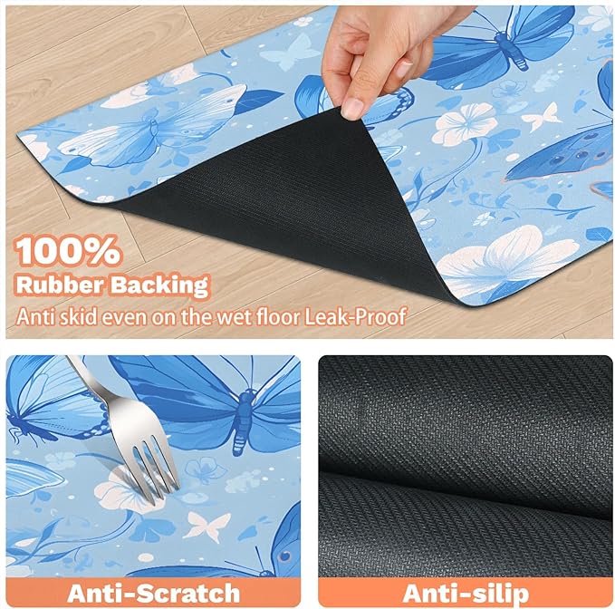 Blue Butterfly Dog Food Mat for Floors Absorbent, Quick Dry Water Dispenser Mat for Food, Water, Pet Supplies 16" x 24", Spring Flower