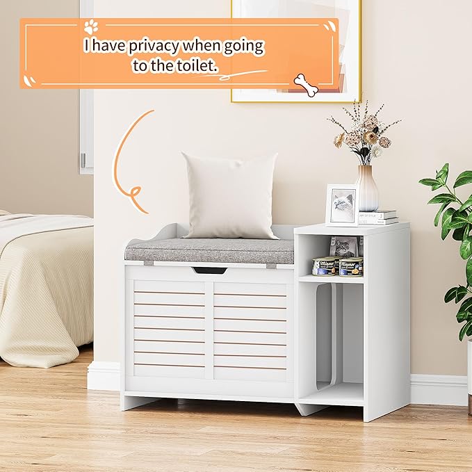 Cat Litter Box Enclosure, Litter Box Enclosure with Top Opening with Cushion, Cat Litter Box Cabinet Furniture Hidden, Litter Box Hidden, Cat House, White Medium