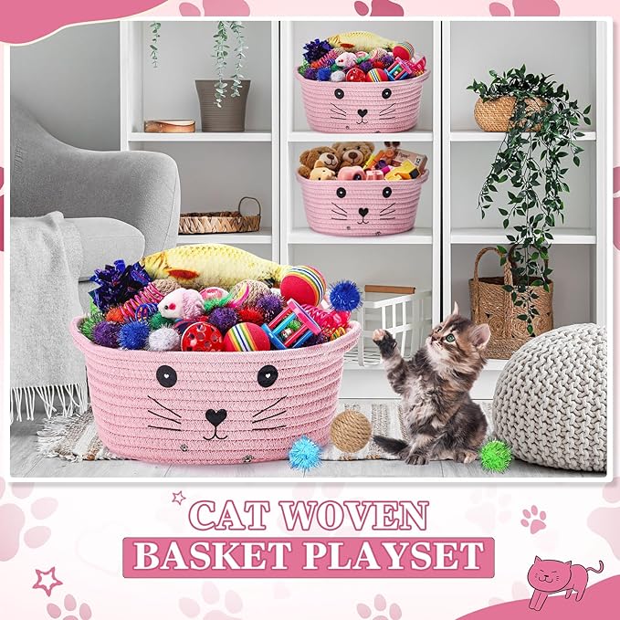 Zopeal 58 Pcs Easter Cat Storage Basket Gift Toys Set, Colorful Flashing Balls Pet Bell Crinkle Balls Spring Toys Attract Cat to Swat, Hunt, Interactive for Pet(Pink,9.8 Inch)