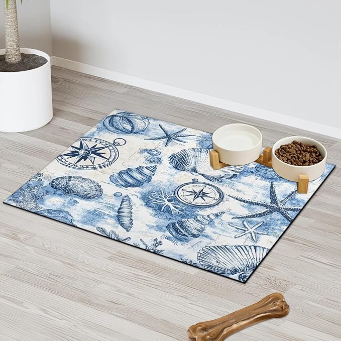 Nautical Coastal Dog Food Mat for Floors Absorbent Dog Bowl Mat for Food and Water Dispenser Quick Dry Cat Food Placemat Pet Supplies 12" x 20", Ocean Beach Seashells