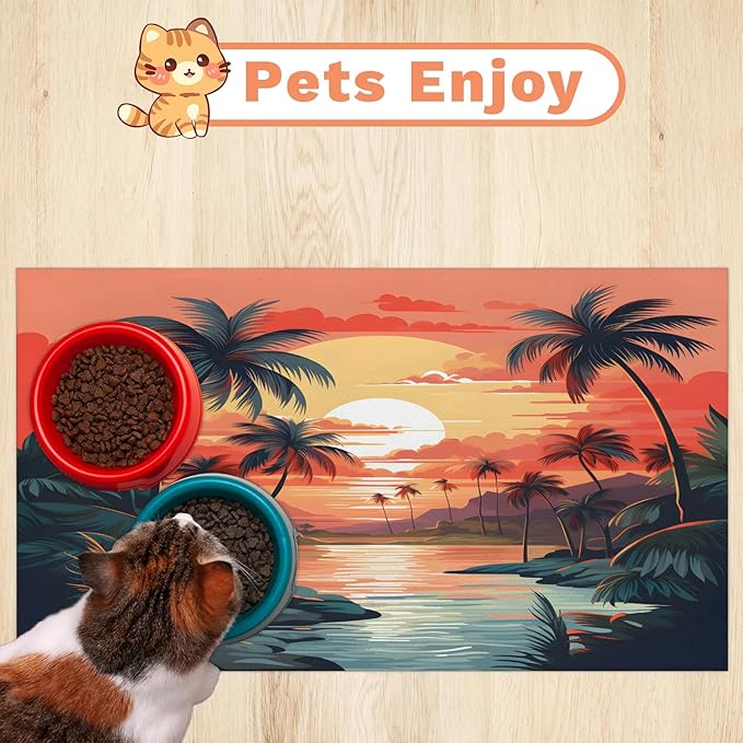 Beach Palm Tree Dog Food Mat for Floors Absorbent, Quick Dry Water Dispenser Mat for Food, Water, Pet Supplies 17" x 30", Sunrise Sunset