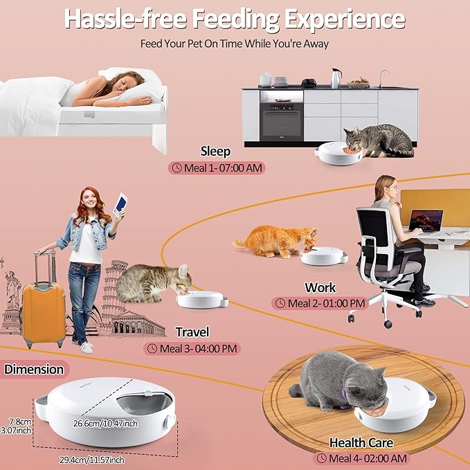 QXQIN Automatic Cat Feeder Wet Food, 4 Meals Cordless Auto Refrigerated Pet Feeder with 2 Ice Packs & Meal Cover, Programmable Timer & 4PCS AA Batteries Included for Cats Small Dogs-ABS Food Tray