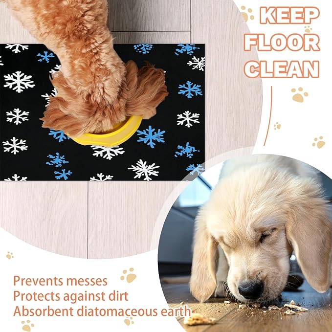 Winter Snowflake Dog Food Mat for Floors Absorbent, Quick Dry Water Dispenser Mat for Food, Water, Pet Supplies 16" x 24", Xmas
