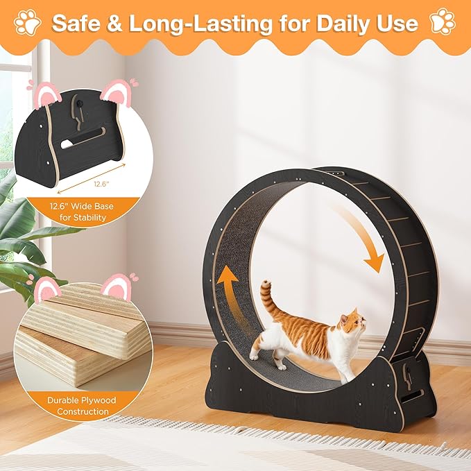 Cat Exercise Wheel Indoor, Quiet Medium Cat Treadmill with Detachable Carpeted Runway & Lock, 38.2” Exercise Running Wheel for Pet’s Health and Entertainment, (Black, M)