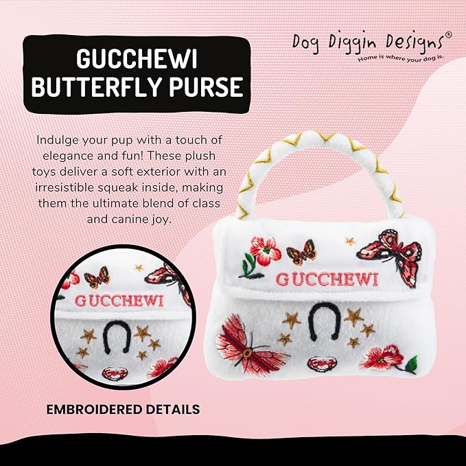 Dog Diggin Designs Gucchewi Butterfly Plush Dog Toy Purse | Luxury-Inspired Parody Designer Handbag with Squeaker, Soft Plush Fashion Dog Toy – Haute Couture Purses & Handbags