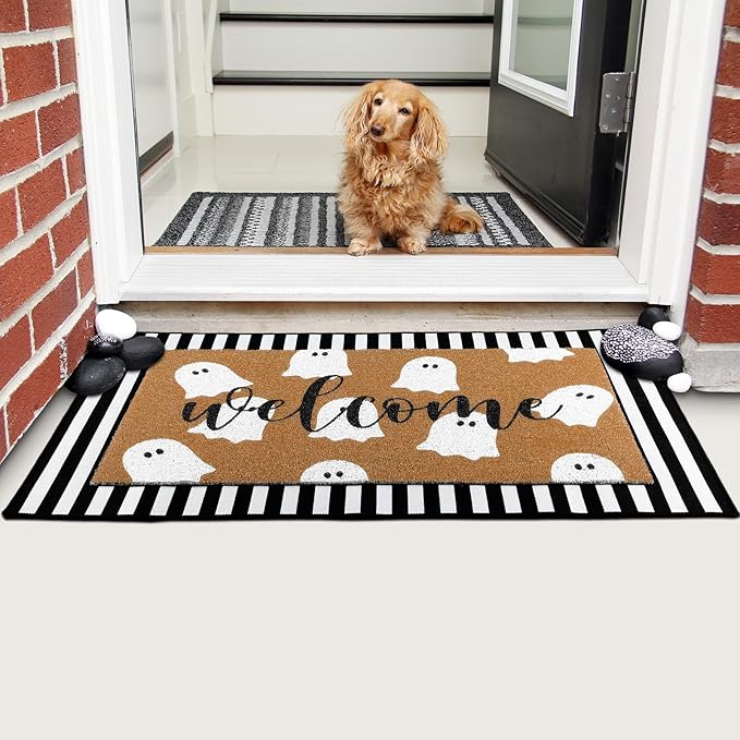 Tinideya 2 Pcs Halloween Welcome Door Mat Ghost Outdoor Welcome Mats for Front Door Non Slip Cute Ghost Coir Floor Mat Black White Stripe Halloween Rug for Outside Front Porch Entryway Decor