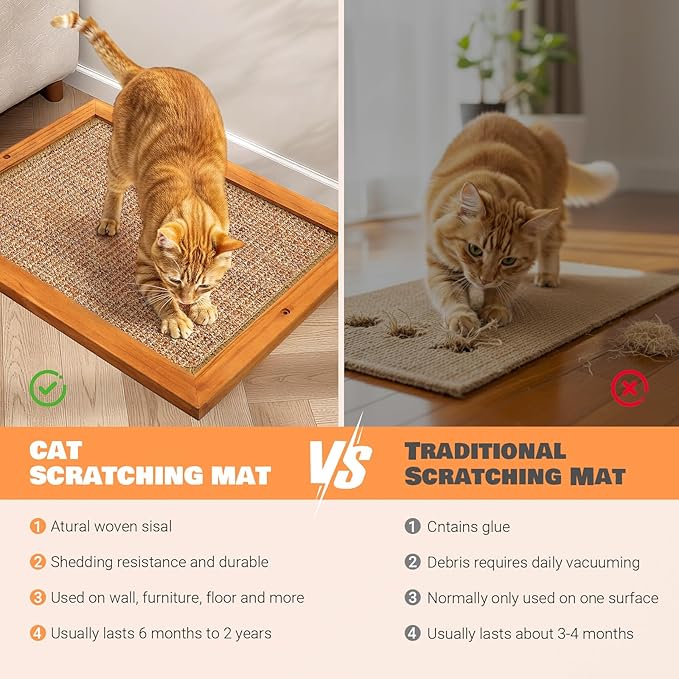 Extra Large Wall Mounted Cat Scratching Post, Wooden Sisal Panel Scratcher, Natural Wood Frame with Durable Sisal Rope Surface for Cats, Protects Furniture from Scratching