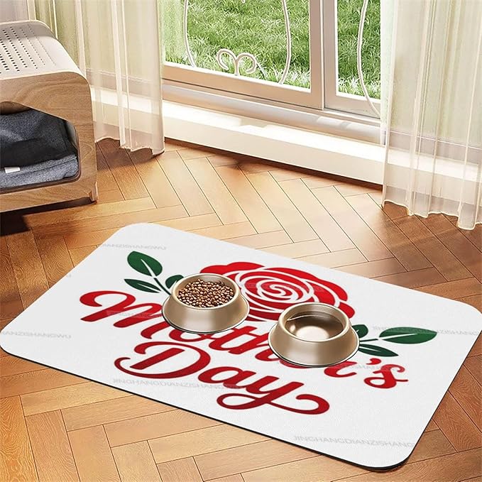 Pet Feeding Mats with Residue Collection Happy Mother's Day Floral Gift for Mom Kd Waterproof Dog Cat Bowl Mat 24x16In with Prevent Water Food Spills