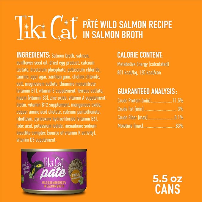Tiki Cat Luau Pâté, Wild Salmon Recipe in Salmon Broth, Grain-Free Balanced Nutrition Wet Canned Cat Food, for All Life Stages, 5.5 oz. Cans (Pack of 8)