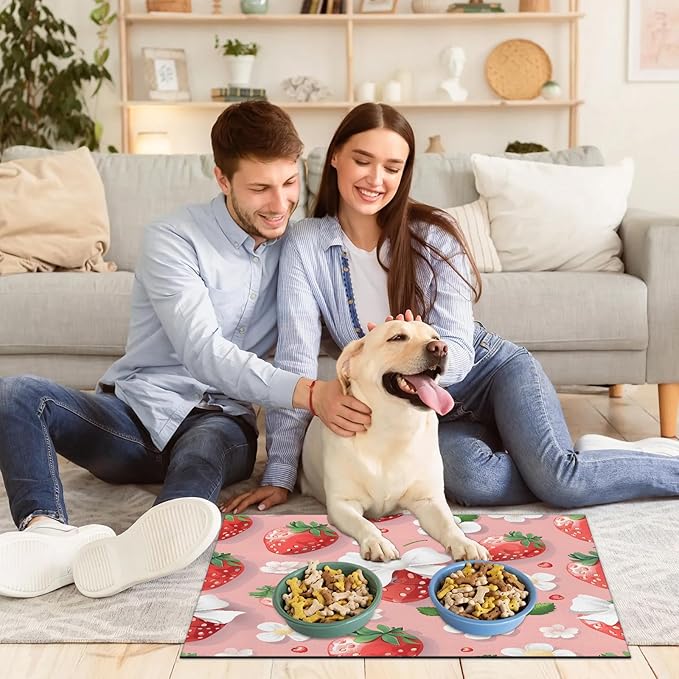 Strawberry Dog Food Mat for Floors Absorbent Dog Bowl Mat for Food and Water Dispenser Quick Dry Cat Food Placemat Pet Supplies 24" x 32", Floral