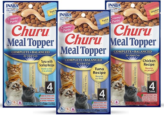 INABA Churu Meal Topper for Cats, Complete & Balanced, Creamy, Lickable Purée Cat Food Topper, 0.5 Ounce Tube, 12 Tubes (4 per Pack), 3 Flavor Variety Pack