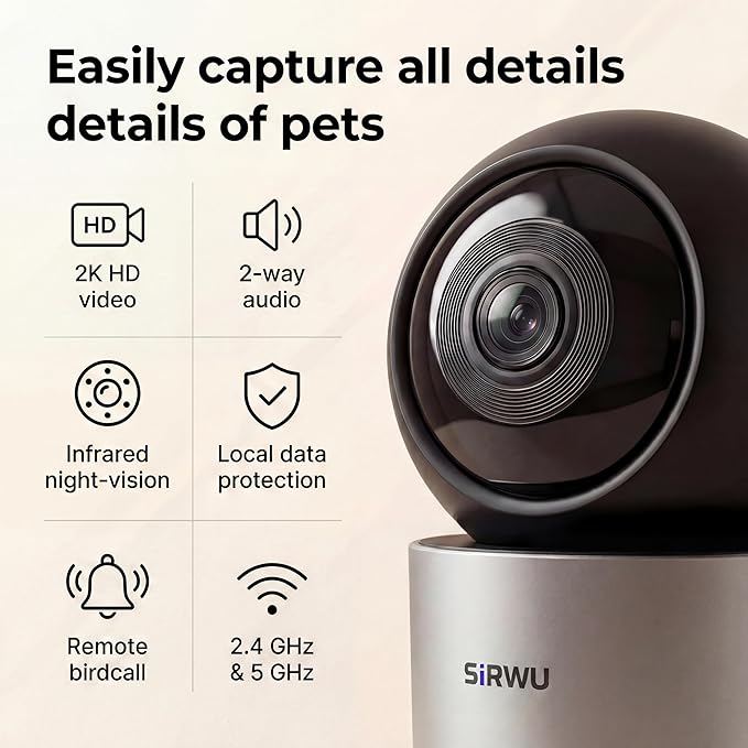 AI Pet Camera, 2K 3MP Dog Camera with AI Multi-Pet Recognition & Behavior Analysis, 360° View Cat Monitor, Dual-Band WiFi, Gray