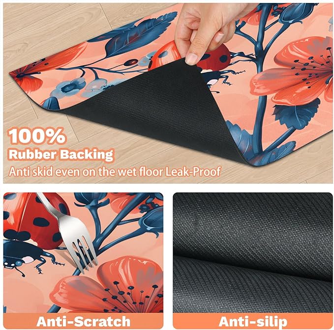 Ladybird Dog Food Mat for Floors Absorbent, Quick Dry Water Dispenser Mat for Food, Water, Pet Supplies 17" x 30", Summer Flower
