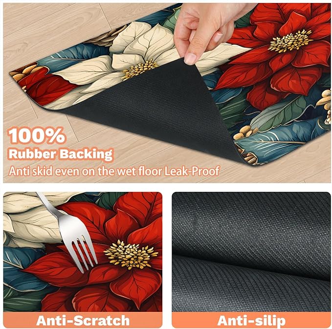 Christmas Flower Dog Food Mat for Floors Absorbent, Quick Dry Water Dispenser Mat for Food, Water, Pet Supplies 17" x 30", Pine Cones