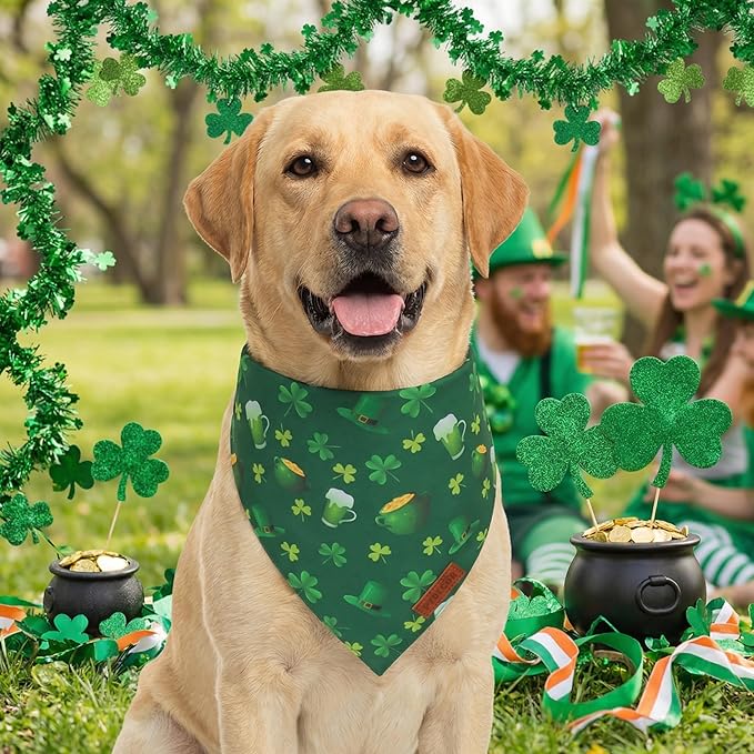 PTDECOR St. Patrick's Day Dog Bandana, Irish Lucky Pet Scarf, Premium Durable Fabric, Green Shamrock Hat Pet Bandanas for Extra Large Dogs (X-Large)