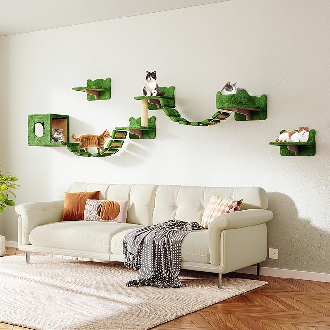 9-in-1 Cat Wall Shelves, Multi-Level Wall Mounted Cats Furniture Set with Plush Fabric, Floor Space-Saving Wooden Cat Climbing Wall Systems with Scratching Post, Bridge Ladder, Condos, Green
