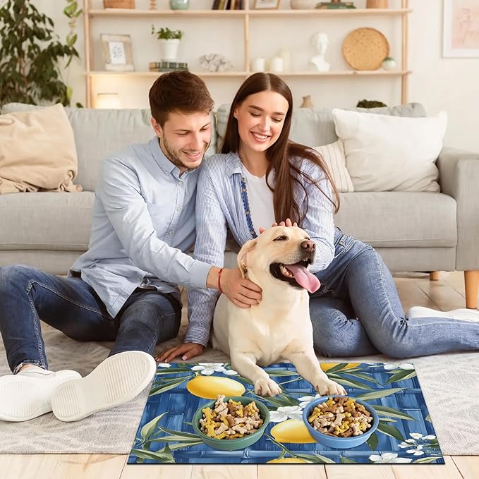 Lemon Dog Food Mat for Floors Absorbent Dog Bowl Mat for Food and Water Dispenser Quick Dry Cat Food Placemat Pet Supplies 17" x 30", Leaves Flower