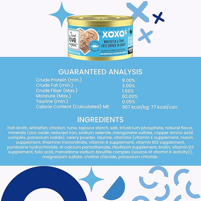 I and Love and You XOXOs Wet Cat Food - Whitefish + Tuna Pâté - Grain Free, Filler Free, 3oz Pack of 24 Cans