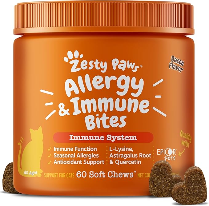 Zesty Paws Cat Allergy Relief - Anti Itch Supplement - Omega 3 Probiotics - Salmon Oil Digestive Health - Soft Chews for Skin & Seasonal Allergies - with Epicor Pets - Bacon - 60 Count