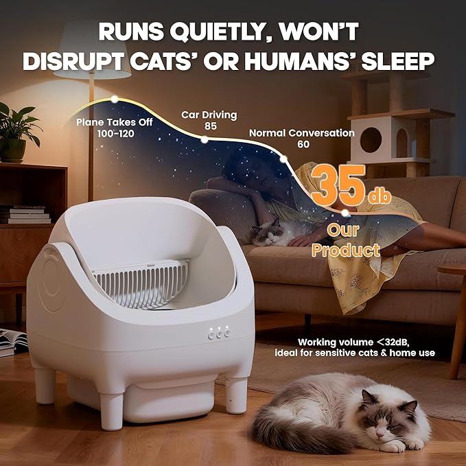 Greesum Self Cleaning Cat Litter Box – Automatic Open-Top Smart Litter Box with App Control, 15L Odor-Sealed Waste Bin, Ultra Quiet 35dB, Multi-Cat & Large Cat Compatible, with Trash Bags & Mat