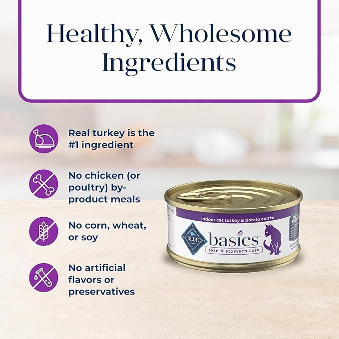 Blue Buffalo Basics Grain-Free Adult Wet Cat Food, Skin & Stomach Care, Limited Ingredient Diet, Turkey Recipe, 5.5-oz Can, 24 Count